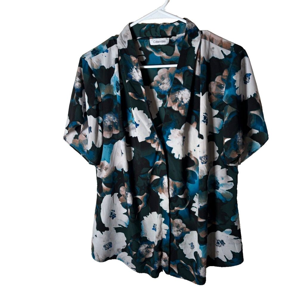 Calvin Klein Blouse Women's L/XL Printed Floral Short Sleeve Career Top